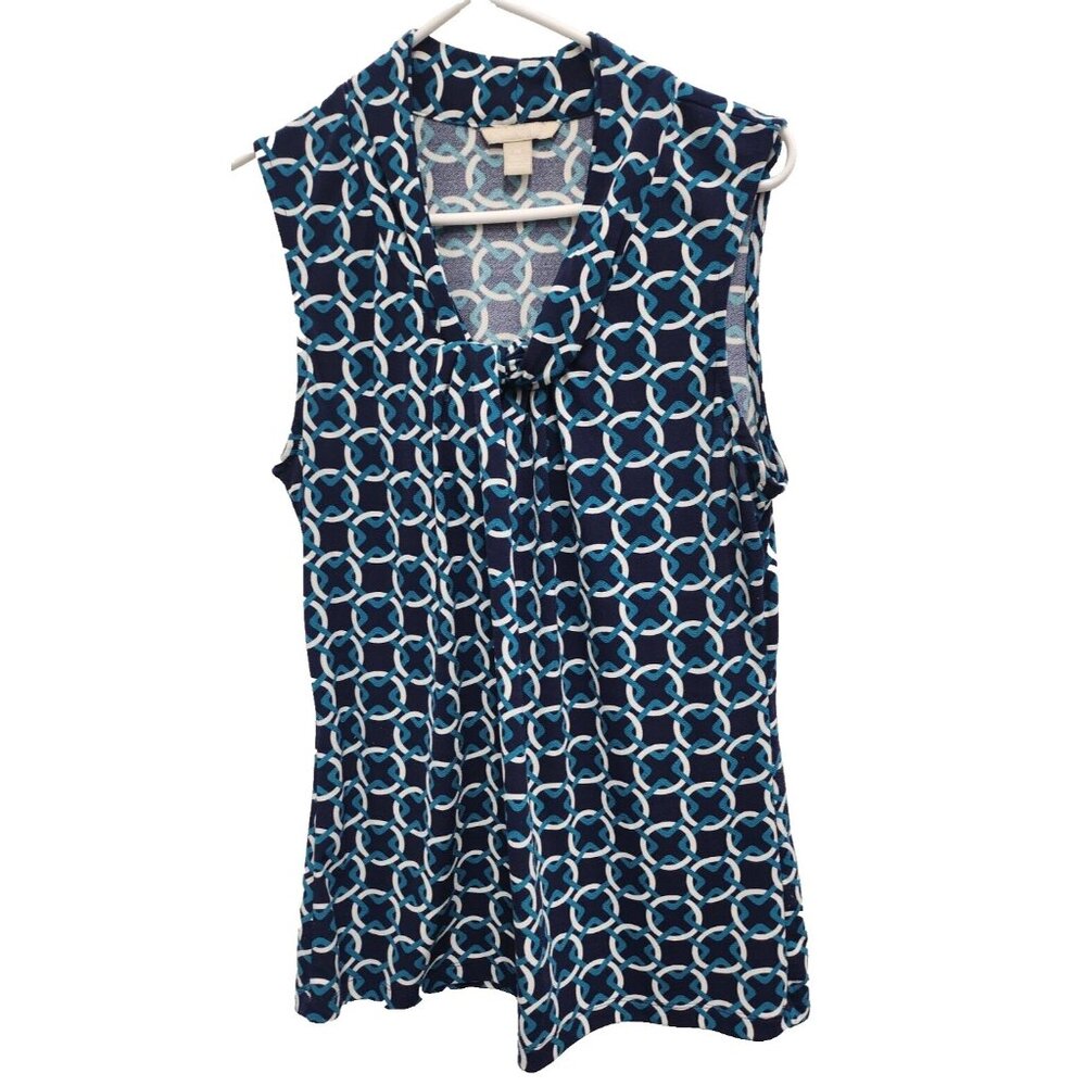 Banana Republic Women Top Medium Navy Circle Print Sleeveless Twist Front Preppy